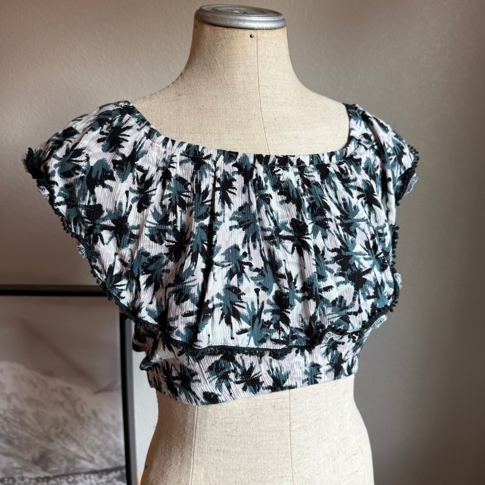 Lush Women's Off Shoulder Crop Top Palm Print Ruffle Trim Pom Pom Summer Blouse